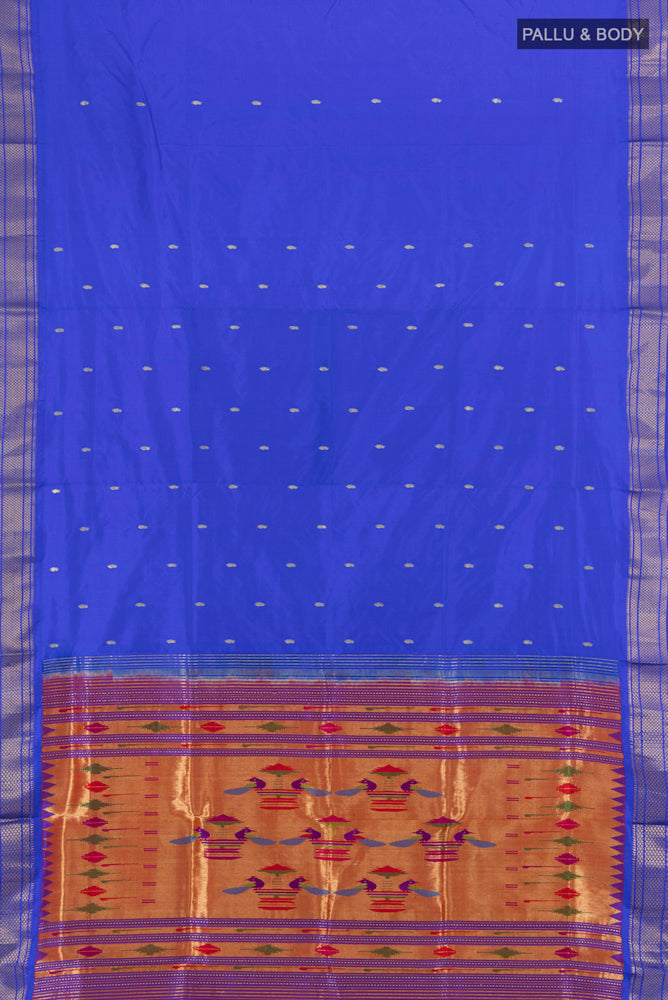 Flat view of Royal Blue Paithani Silk Saree with Zari Butta on the body and Zari Border. 