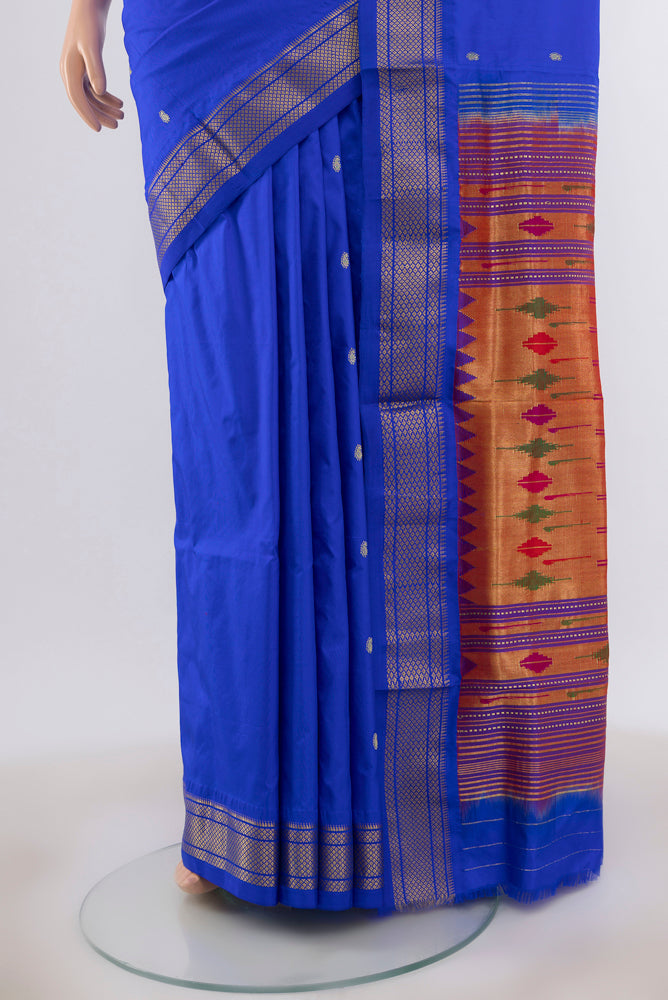Pleats and pallu of Royal Blue Paithani Silk Saree with Zari Butta on the body and Zari Border. 