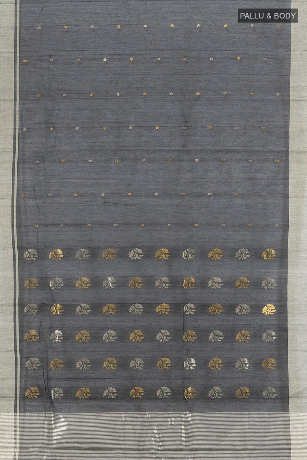 Flat view of Black Chanderi Silk Cotton Saree with Zari Butta on the body and Zari Border. 