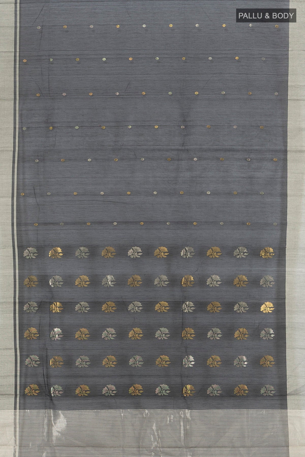 Flat view of Black Chanderi Silk Cotton Saree with Zari Butta on the body and Zari Border. 