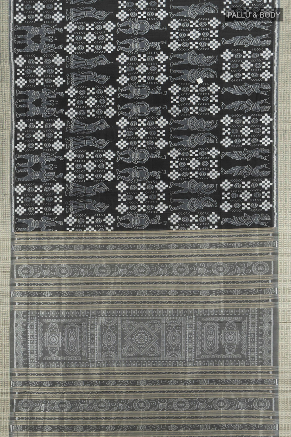 Flat view of Black Orissa Silk Saree with Pure Ikat on the body and Thread Border. 