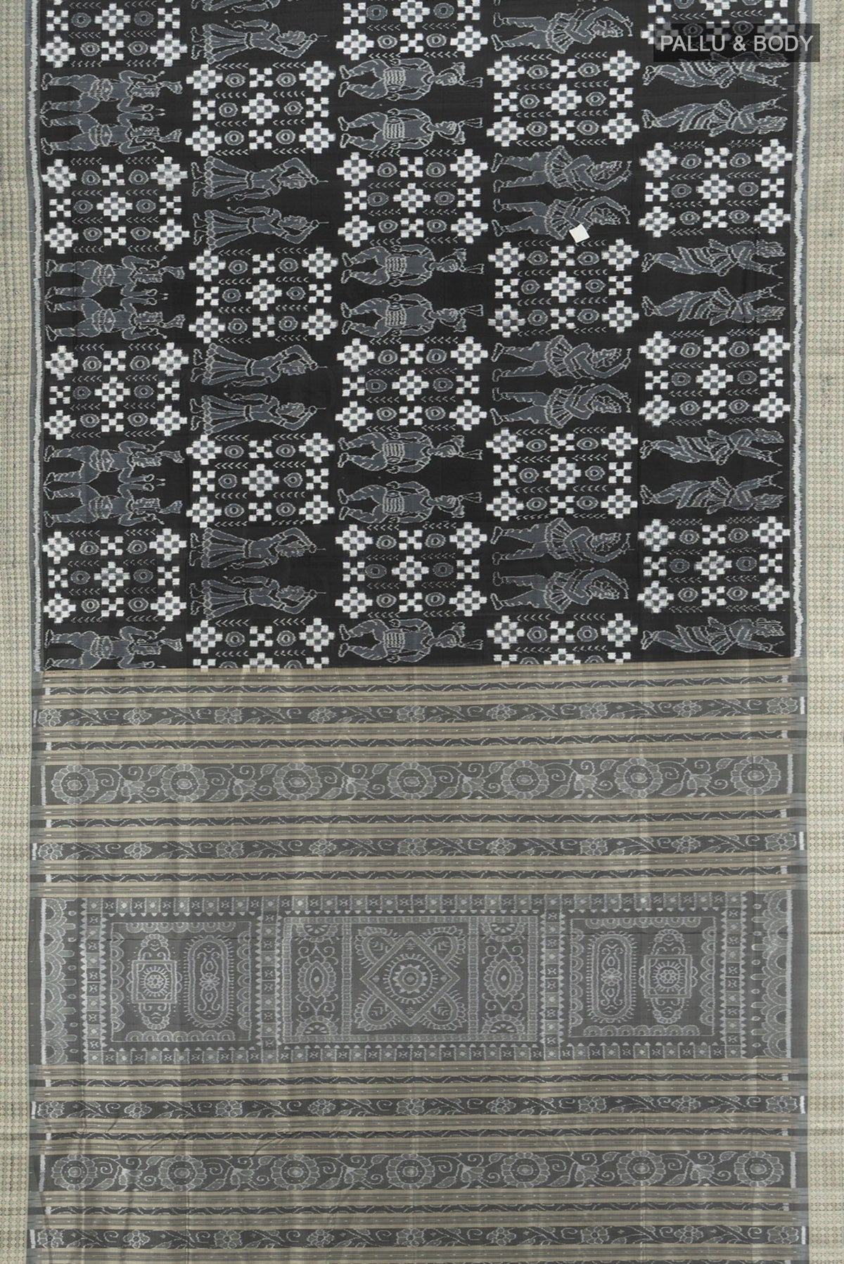 Flat view of Black Orissa Silk Saree with Pure Ikat on the body and Thread Border. 