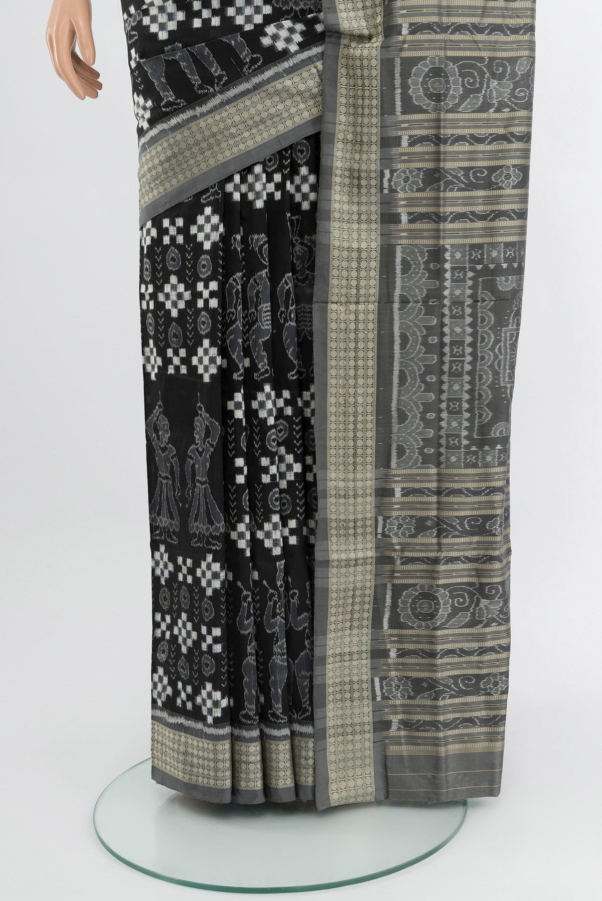 Pleats and pallu of Black Orissa Silk Saree with Pure Ikat on the body and Thread Border. 