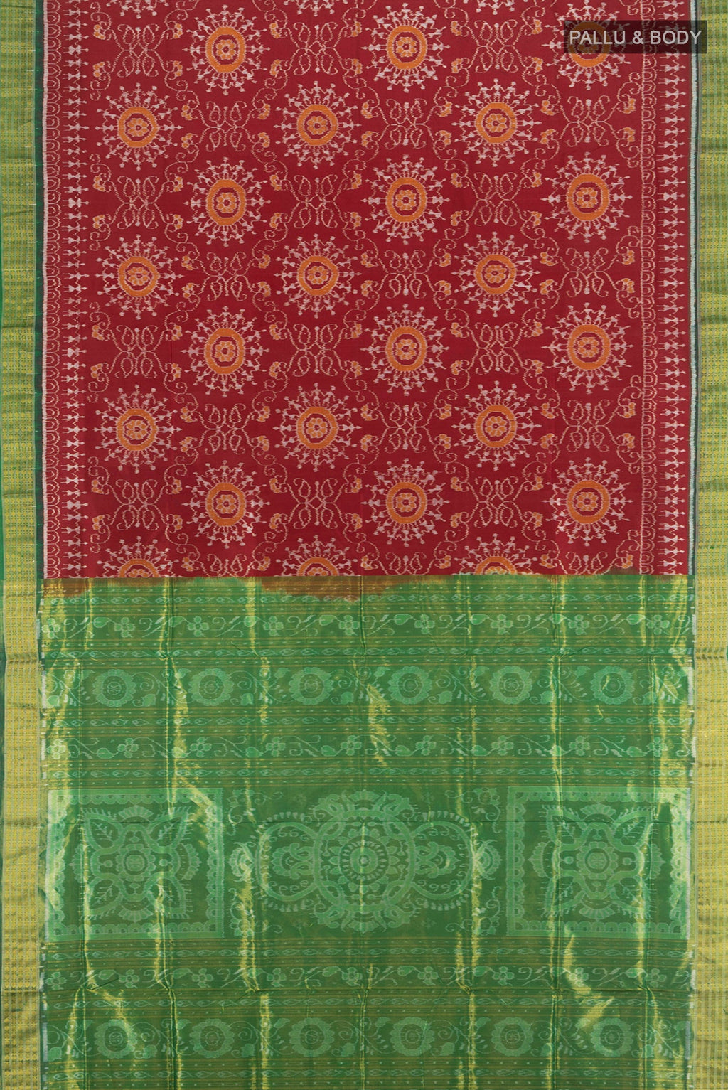 Flat view of Maroon Orissa Silk Saree with Pure Ikat on the body and Zari Border. 
