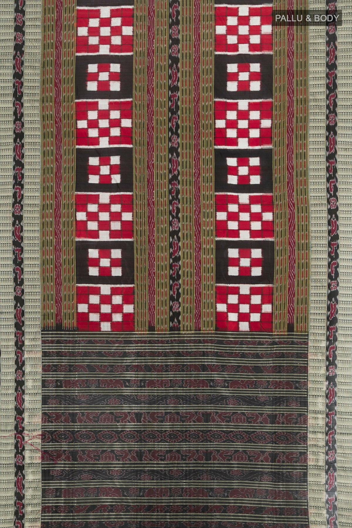 Flat view of Multi Color Orissa Silk Saree with Pure Ikat on the body and Thread Border. 