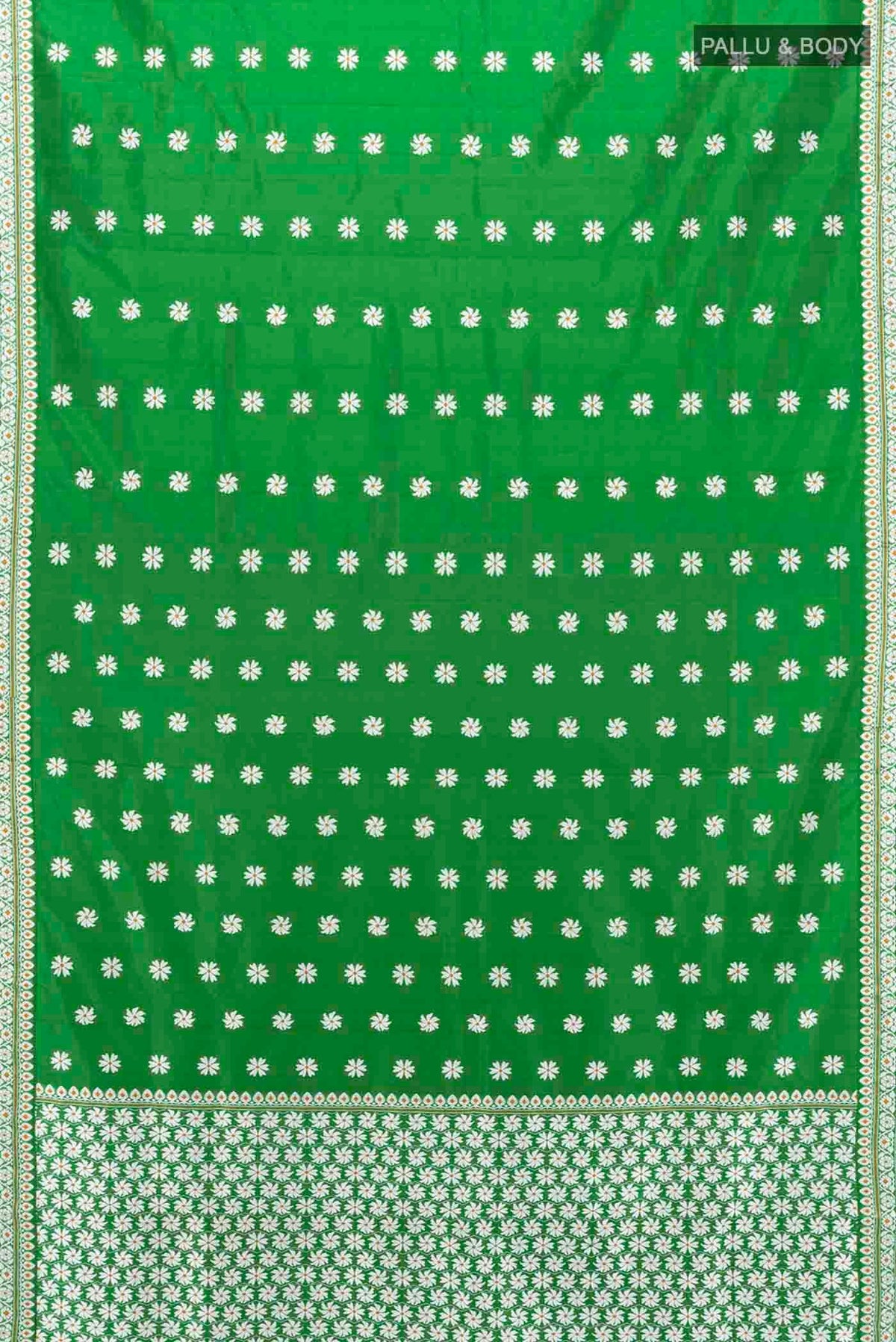 Flat view of Bottle Green Assam Silk Saree with Thread Butta on the body and Silk Border