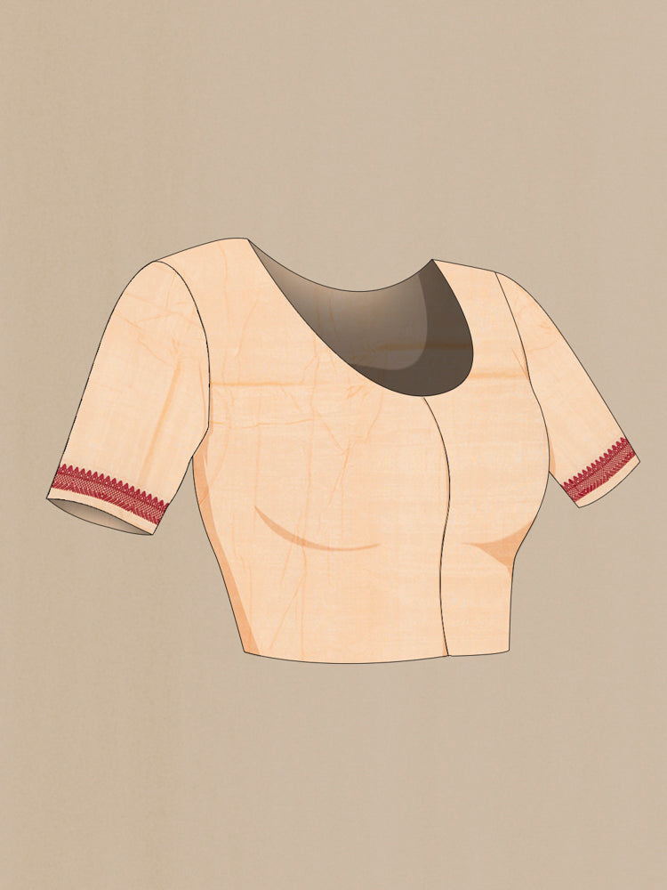 Close up image of the blouse of Cream Assam Silk Saree with Jacquard With Thread Butta on the body and Silk Border. 