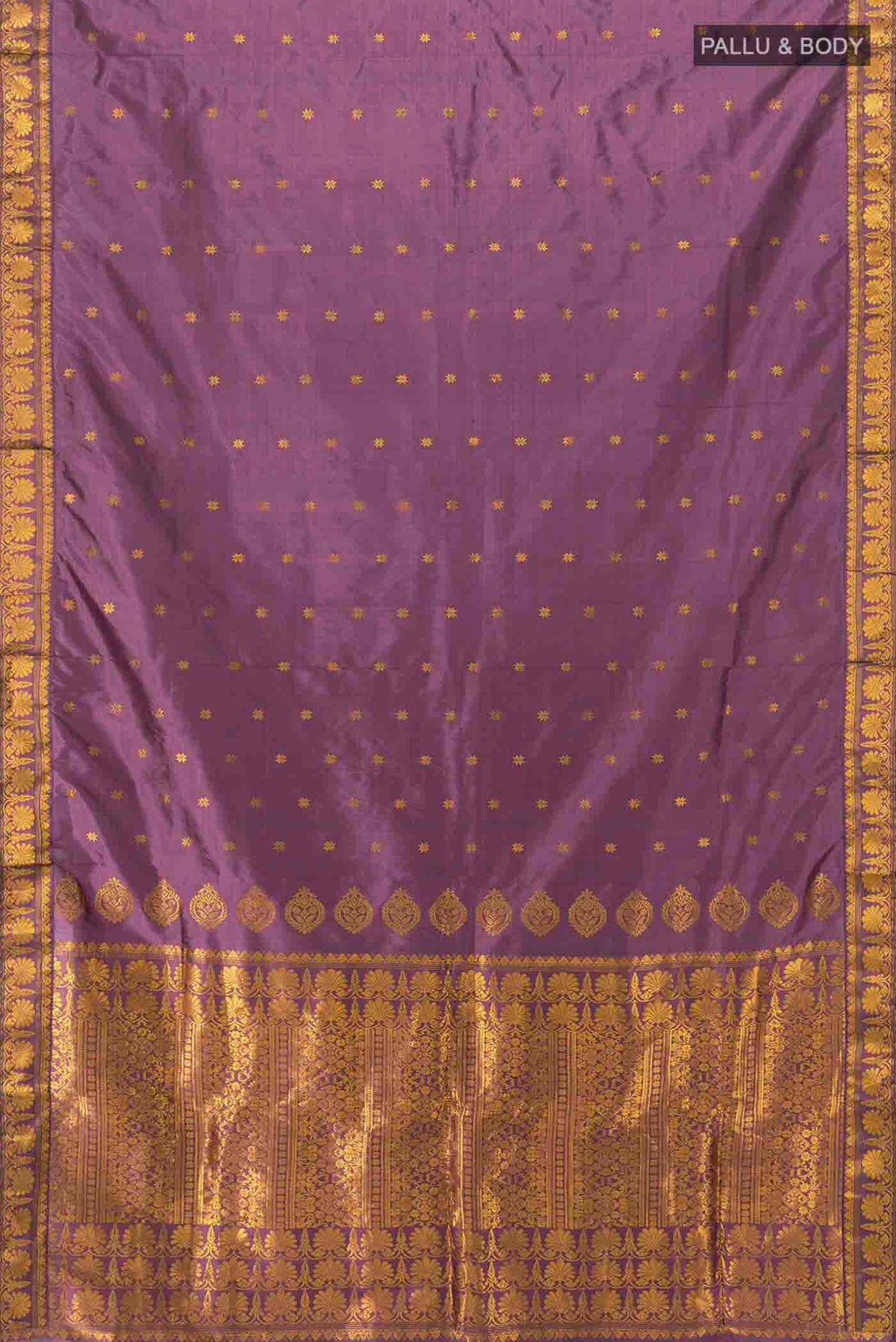 Flat view of Bronze Assam Silk Saree with Thread Butta on the body and Silk Border