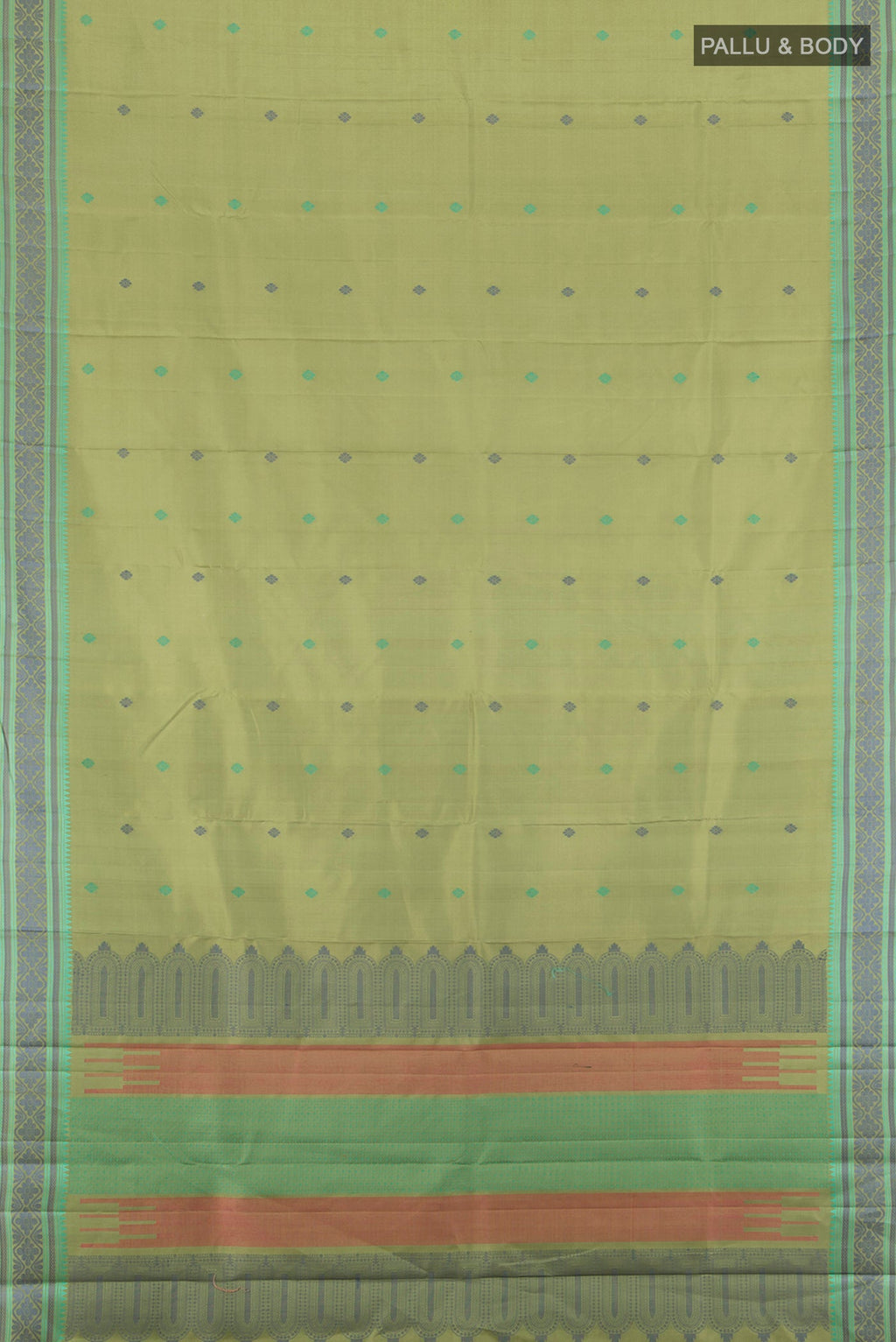 Flat view of Pure Silk Pure Zari Light Green Kanchipuram Saree with Zari Butta on the body and Silk Border. 