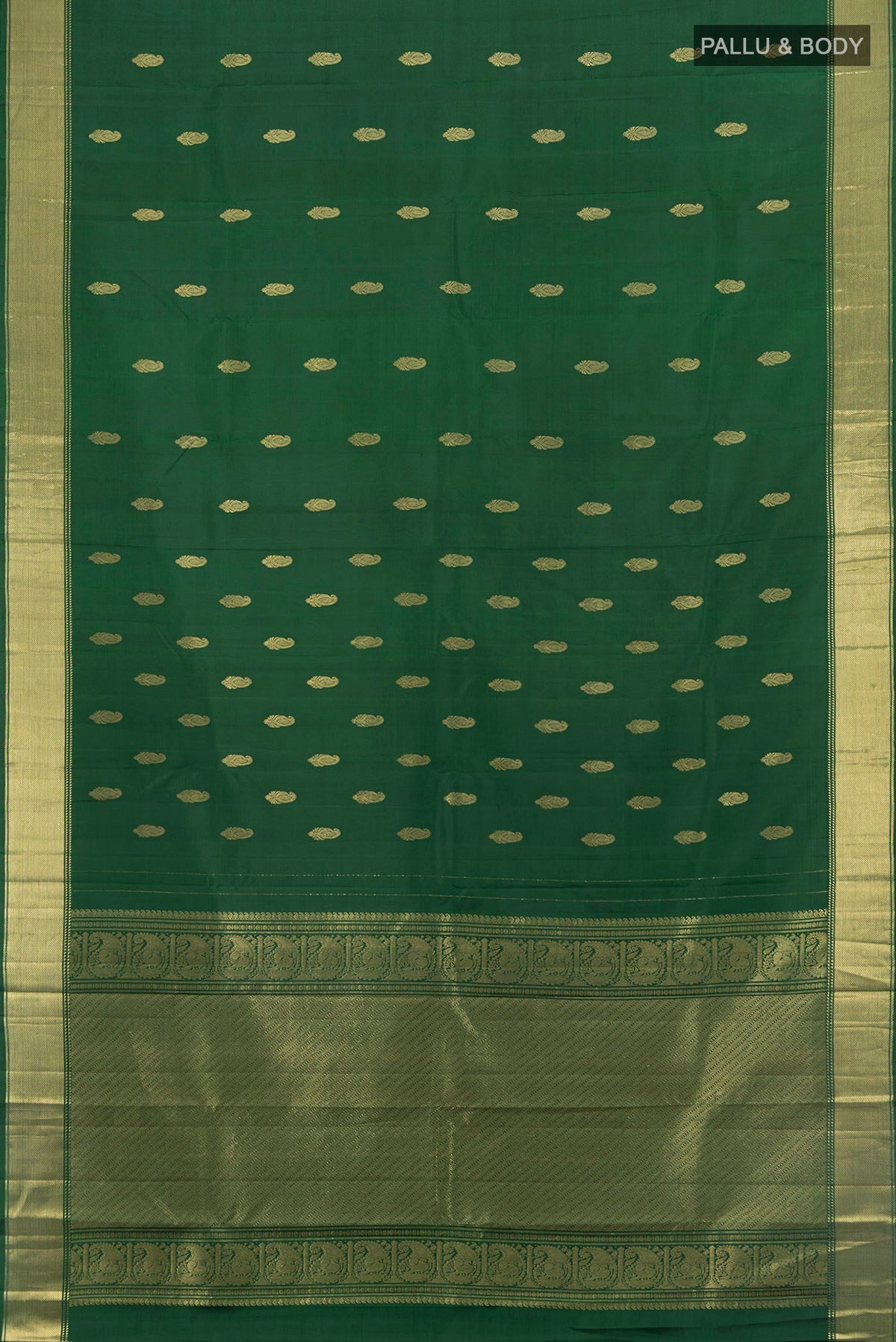 Flat view of Pure Silk Pure Zari Bottle Green Kanchipuram Saree with Zari Butta on the body and Silk Border. 