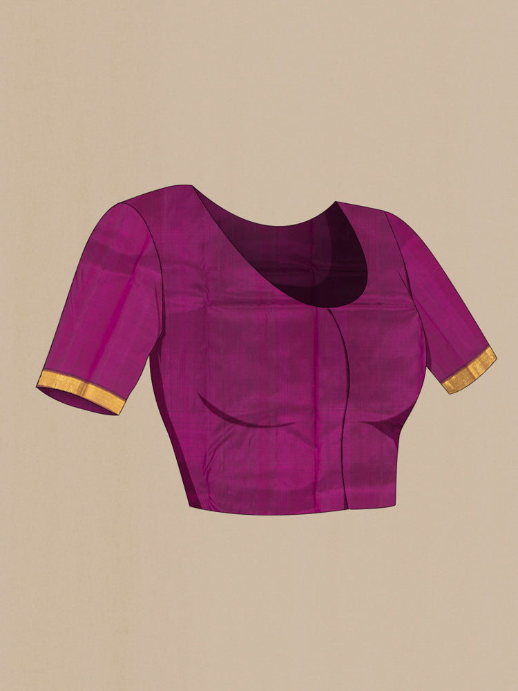 Close up image of the blouse of Purple Kanjivaram Silk Saree with Zari Butta on the body and Zari Border. 
