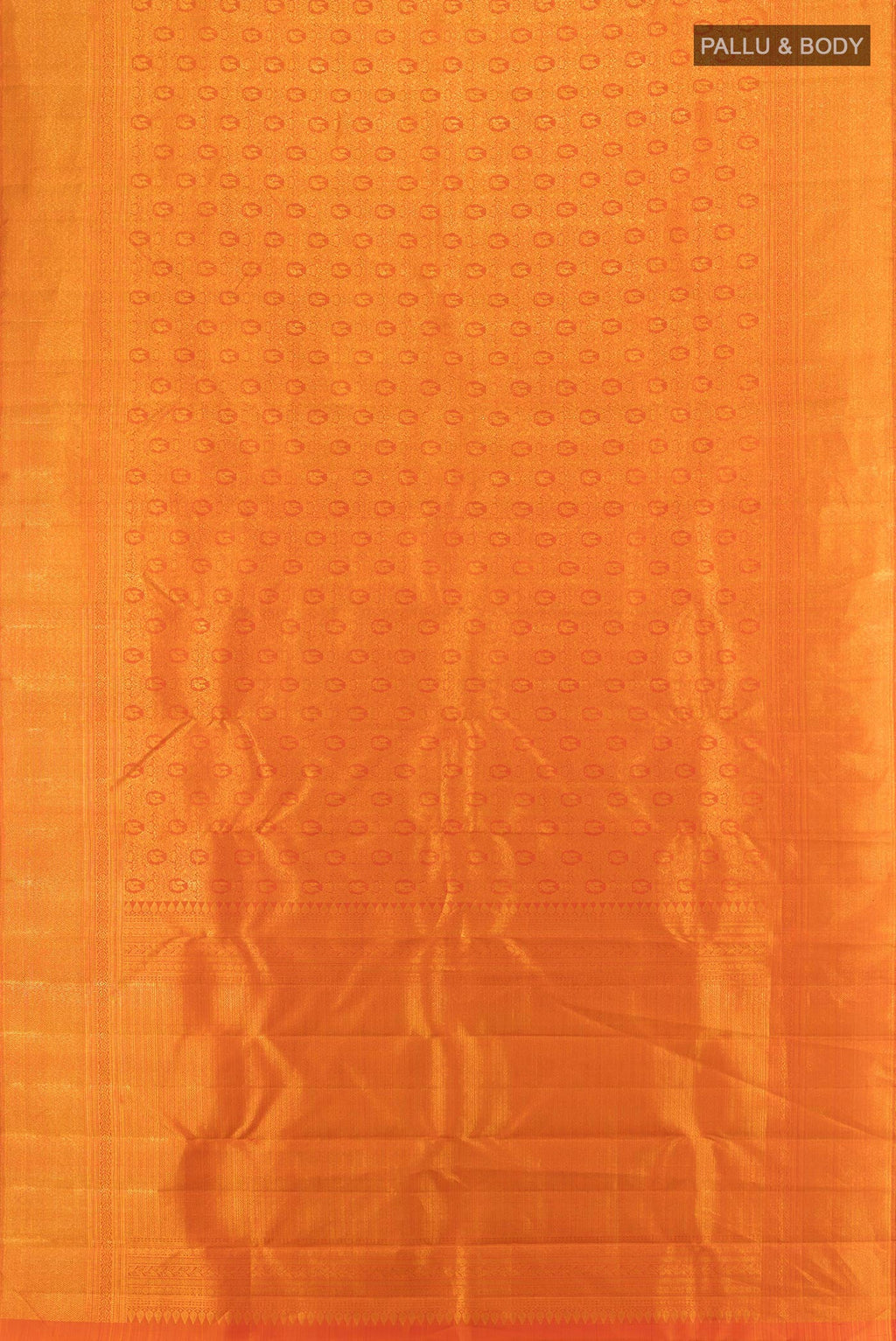 Flat view of Brick Orange Kanchipuram Silk Saree with Zari Brocade on the body and Zari Border. 