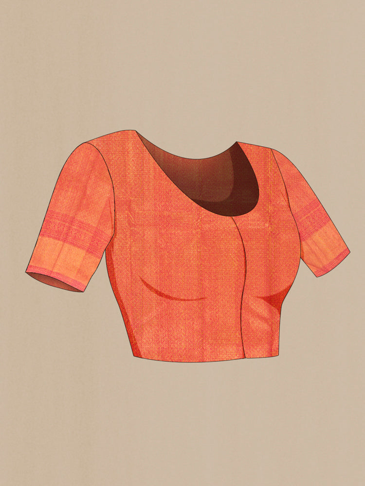 Close up image of the blouse of Peach Kanchipuram Silk Saree with Zari Brocade on the body and Silk Border. 
