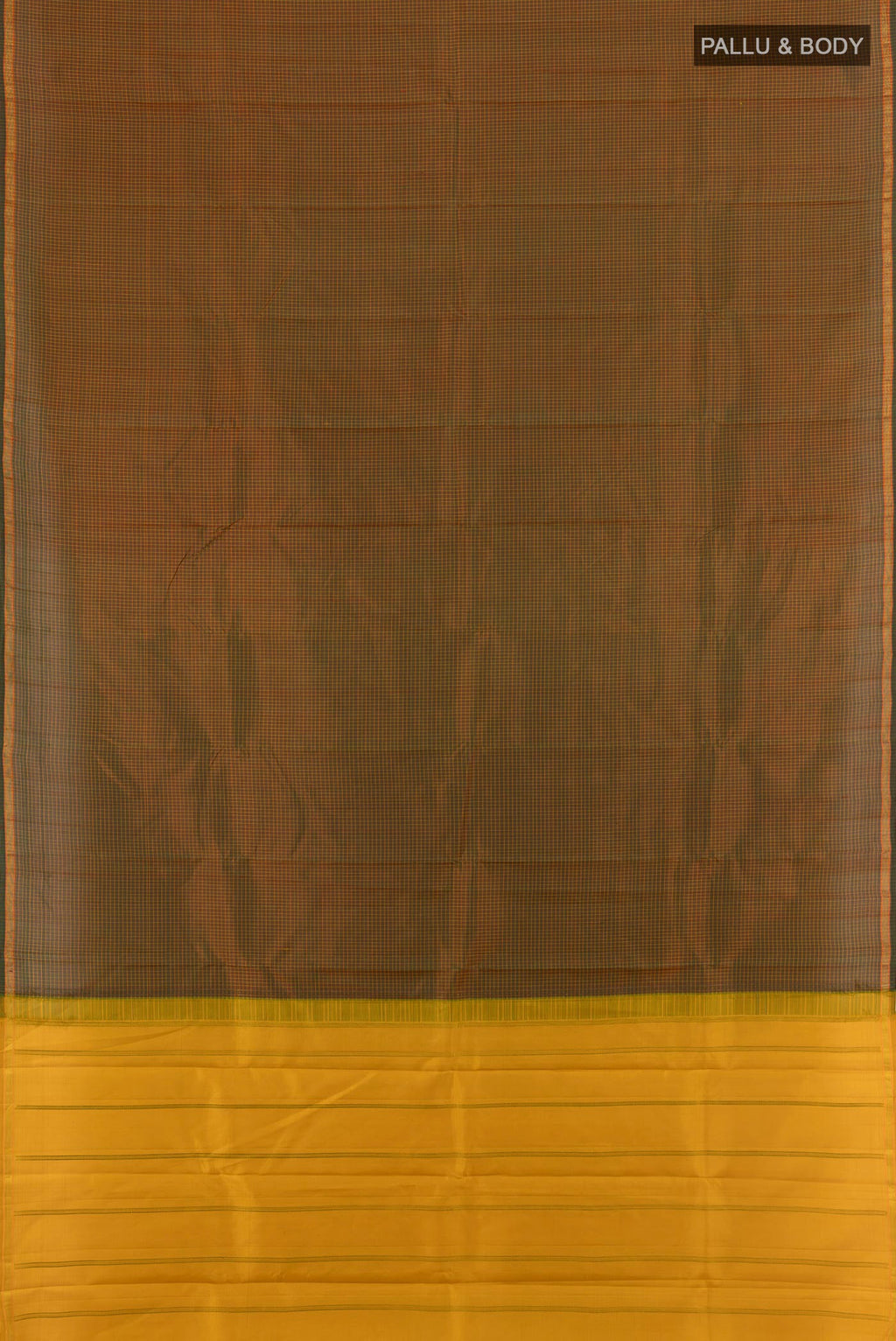 Flat view of Pure Silk Pure Zari Mehandi Green Kanjivaram Saree with Zari Butta on the body and Silk Border. 