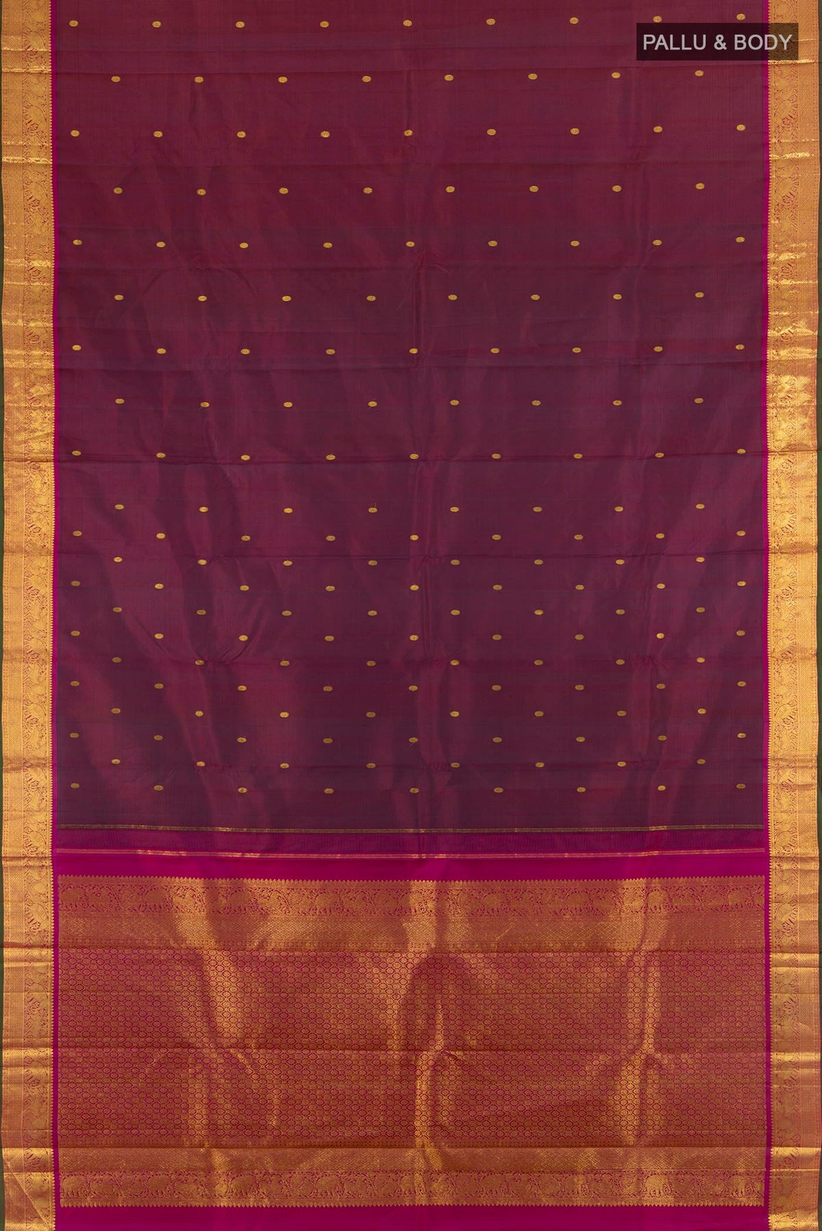Flat view of Maroon Kanjivaram Silk Saree with Zari Butta on the body and Zari Border. 