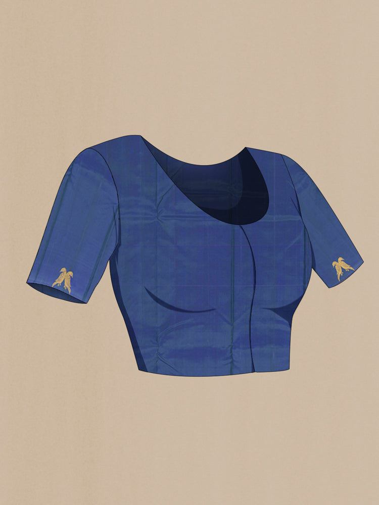 Close up image of the blouse of Pure Silk Pure Zari Dark Blue Kanjivaram Saree with Zari Butta on the body and Silk Border. 