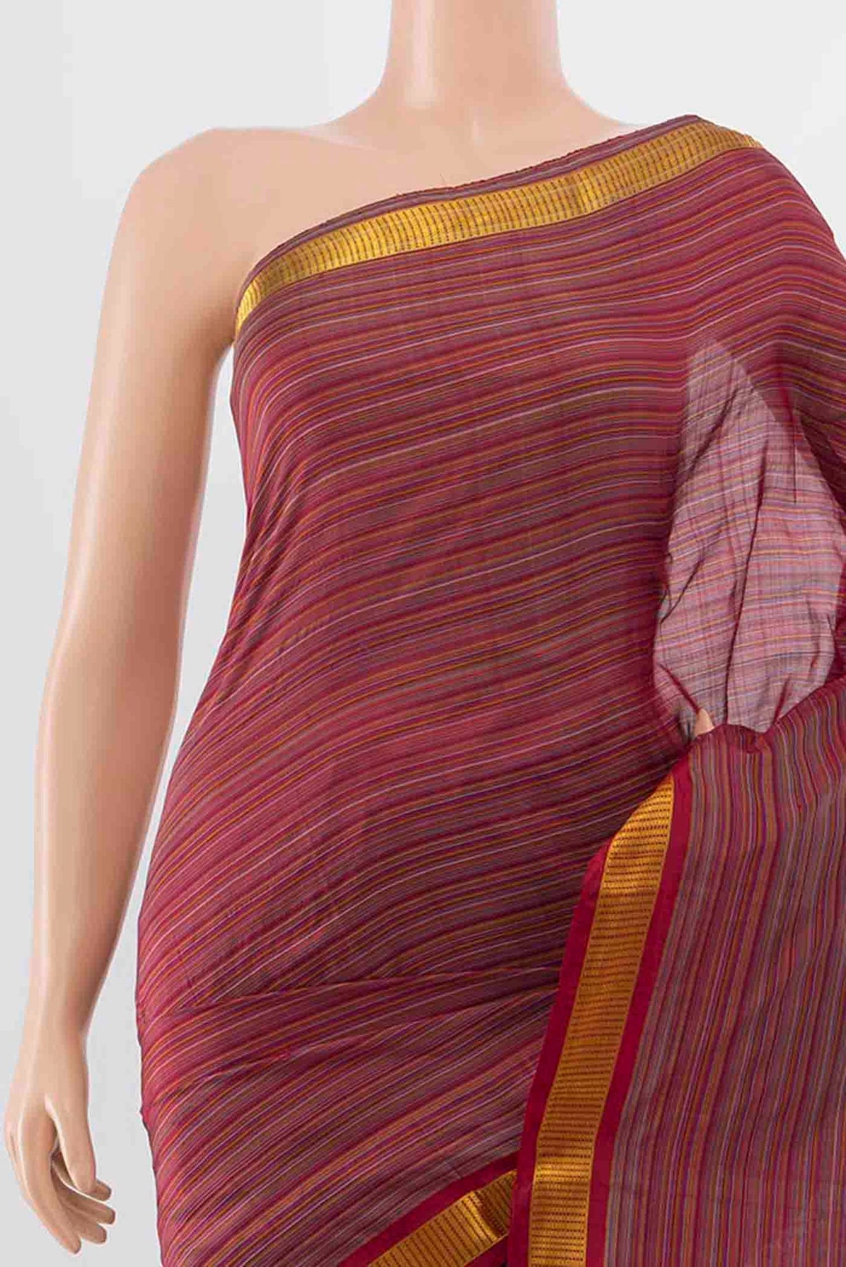 Border image of Maroon Kanchipuram Silk Saree with Stripes on the body and Zari Border