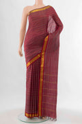 Maroon Kanchipuram Silk Saree with Stripes on the body and Zari Border displayed on a mannequin