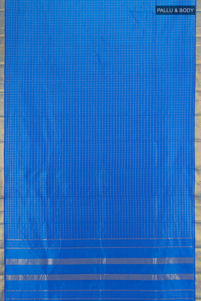 Flat view of Light Blue Kanchipuram Silk Saree with Checked design on the body and Silk Border. 