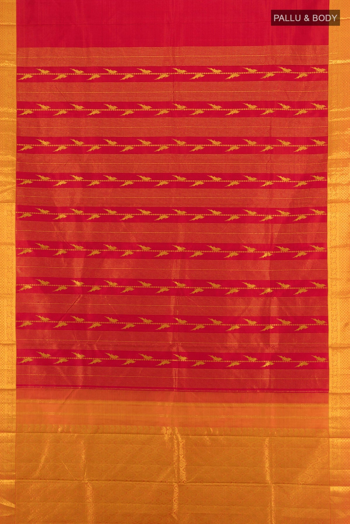 Flat view of Maroon Kanjivaram Silk Saree with Zari Butta on the body and Silk Border. 