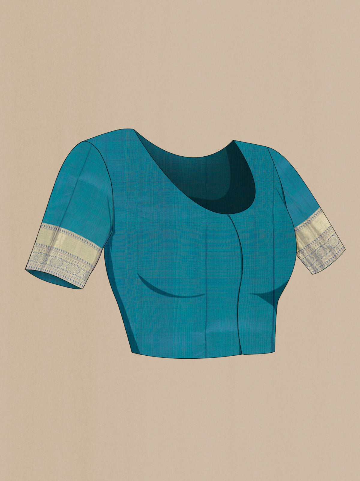 Close up image of the blouse of Pure Silk Pure Zari Peacock Blue Kanchipuram Saree with Zari Butta on the body and Silk Border. 
