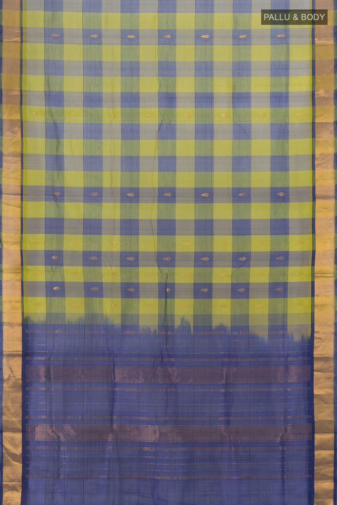 Flat view of Multi Color Kora Cotton Saree with Zari Butta on the body and Silk Border. 
