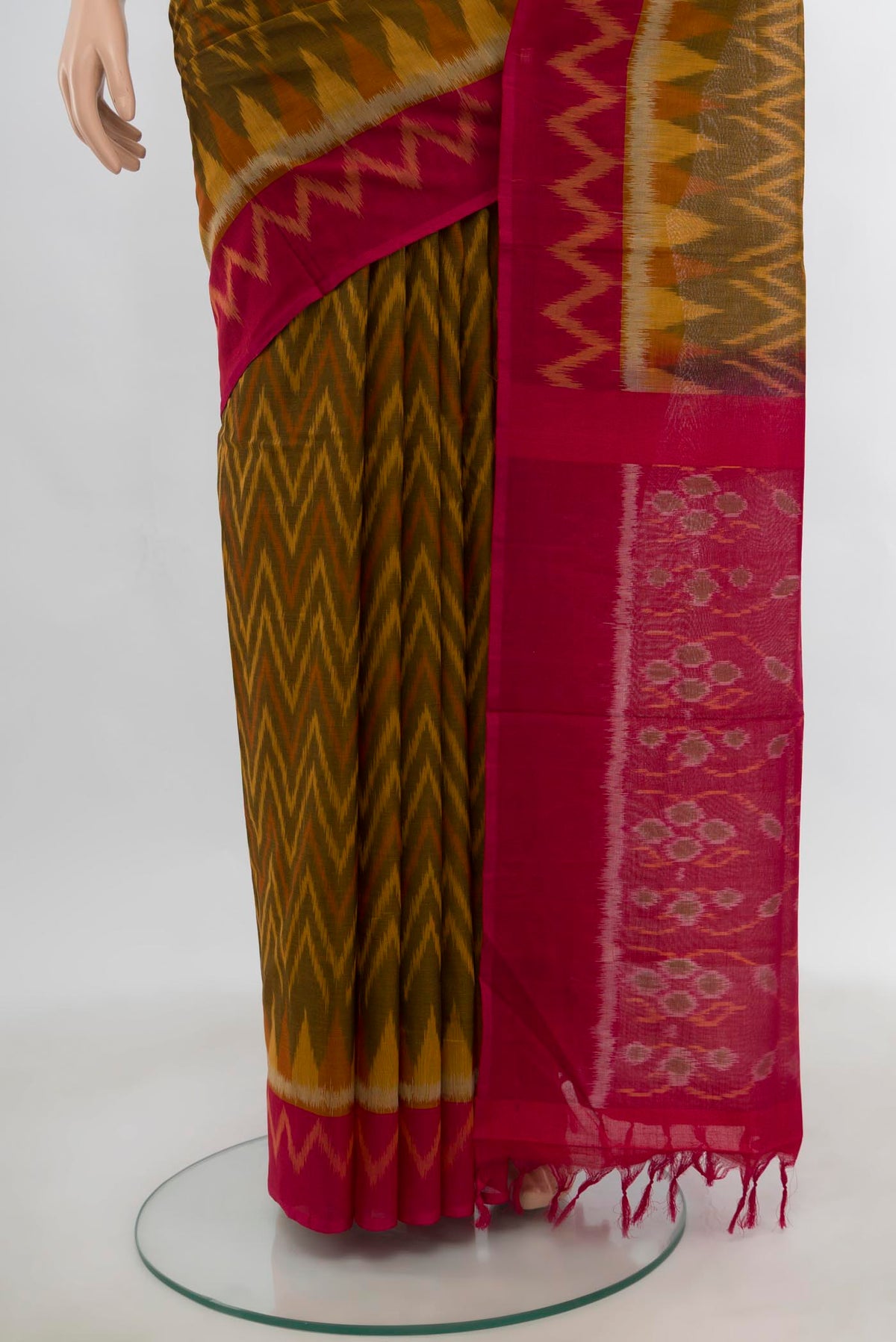 Pleats and pallu of Multi Color Pochampally Cotton Saree with Ikat Print on the body and Ikat Border. 