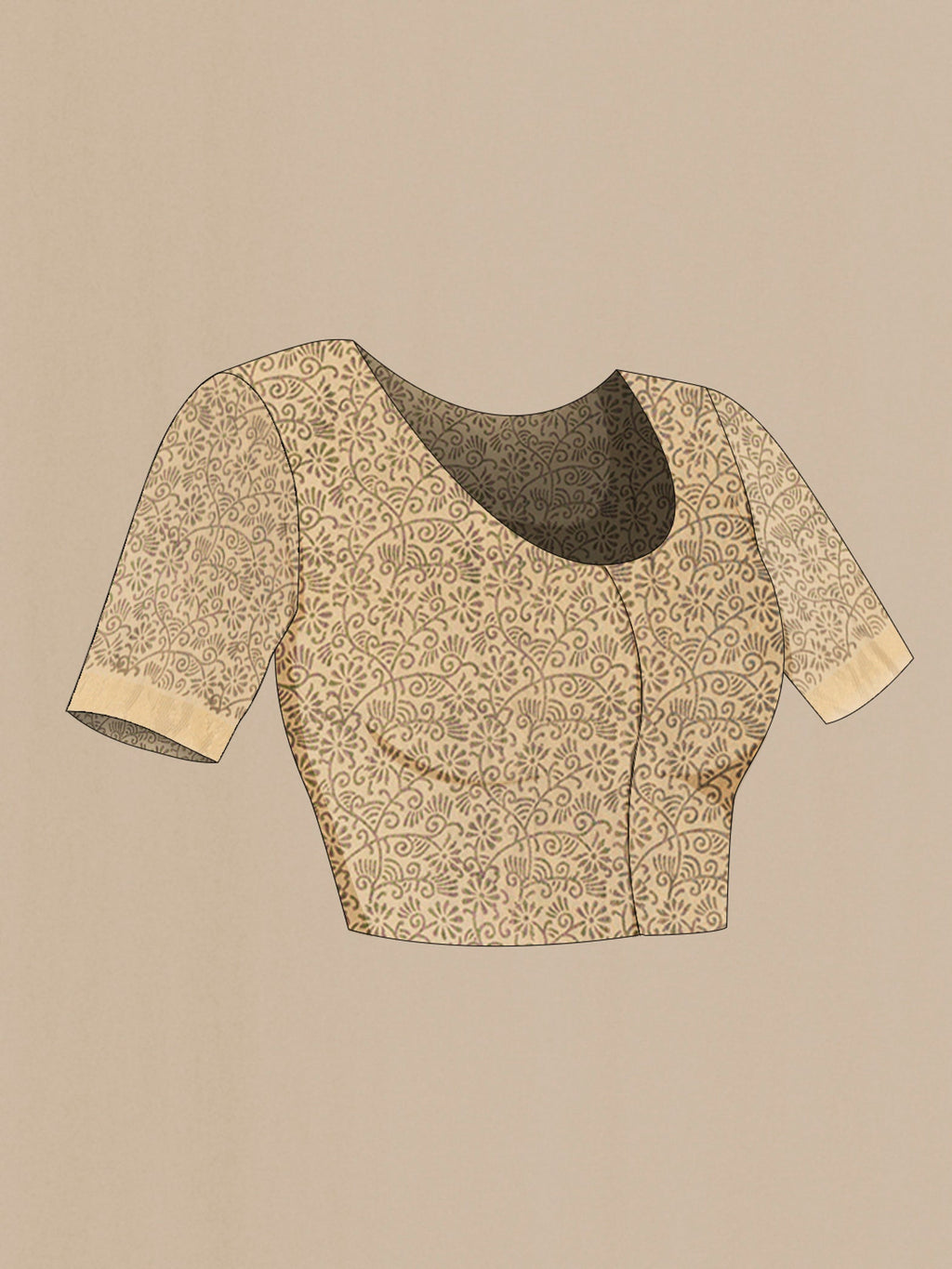 Close up image of the blouse of Mustard Tussar Silk Saree with kalamkari Print on the body and Zari Border. 