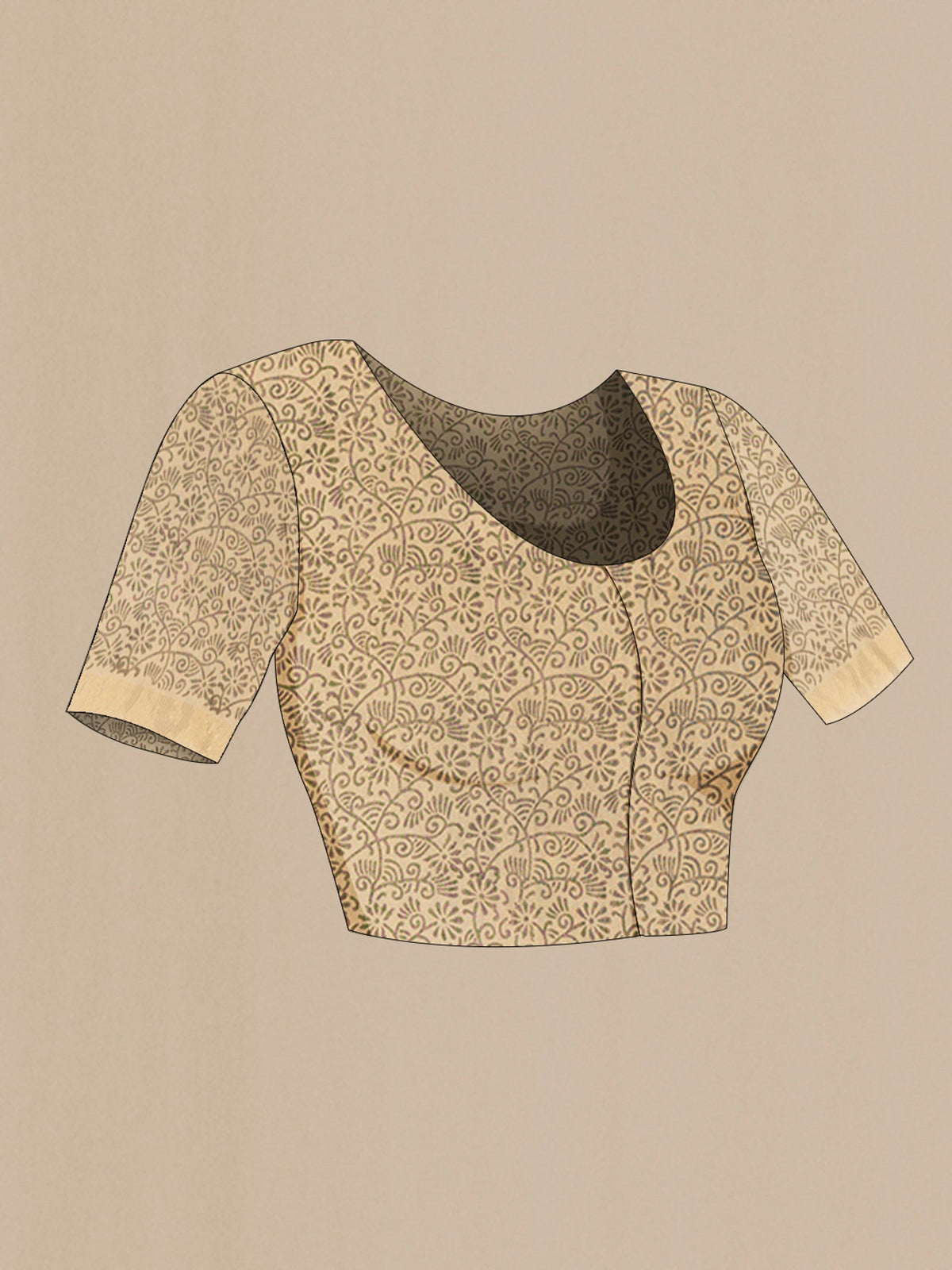Close up image of the blouse of Mustard Tussar Silk Saree with kalamkari Print on the body and Zari Border. 