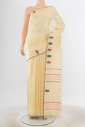 Cream Kanchipuram Silk Saree with Plain Body and Silk Border.  displayed on a mannequin