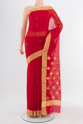 Red Chanderi Silk Cotton Saree with Zari Butta on the body and Silk Border.  displayed on a mannequin