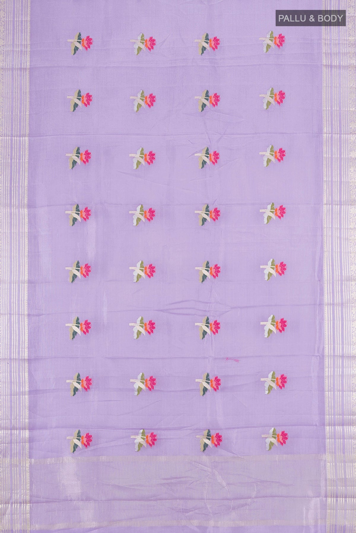 Flat view of Lavender Art Silk Saree with Floral Print on the body and Silk Border. 