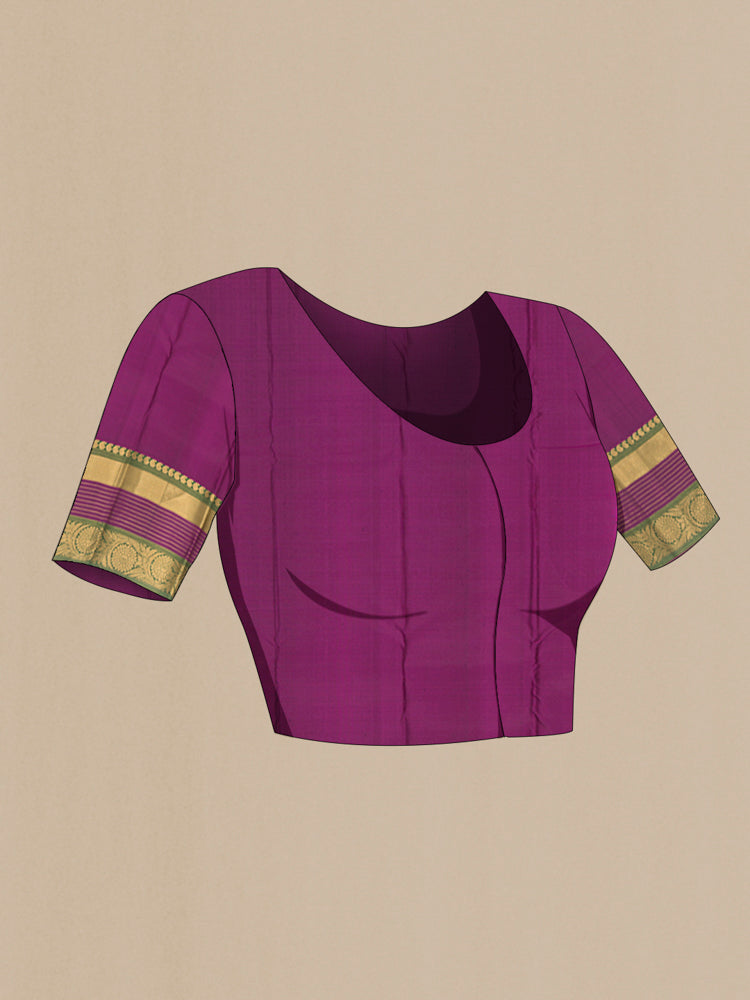 Close up image of the blouse of Black Kanjivaram Silk Saree with Zari Butta on the body and Zari Border. 