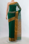 Green Maheshwari Silk Cotton Saree with Thread Butta on the body and Thread Border displayed on a mannequin