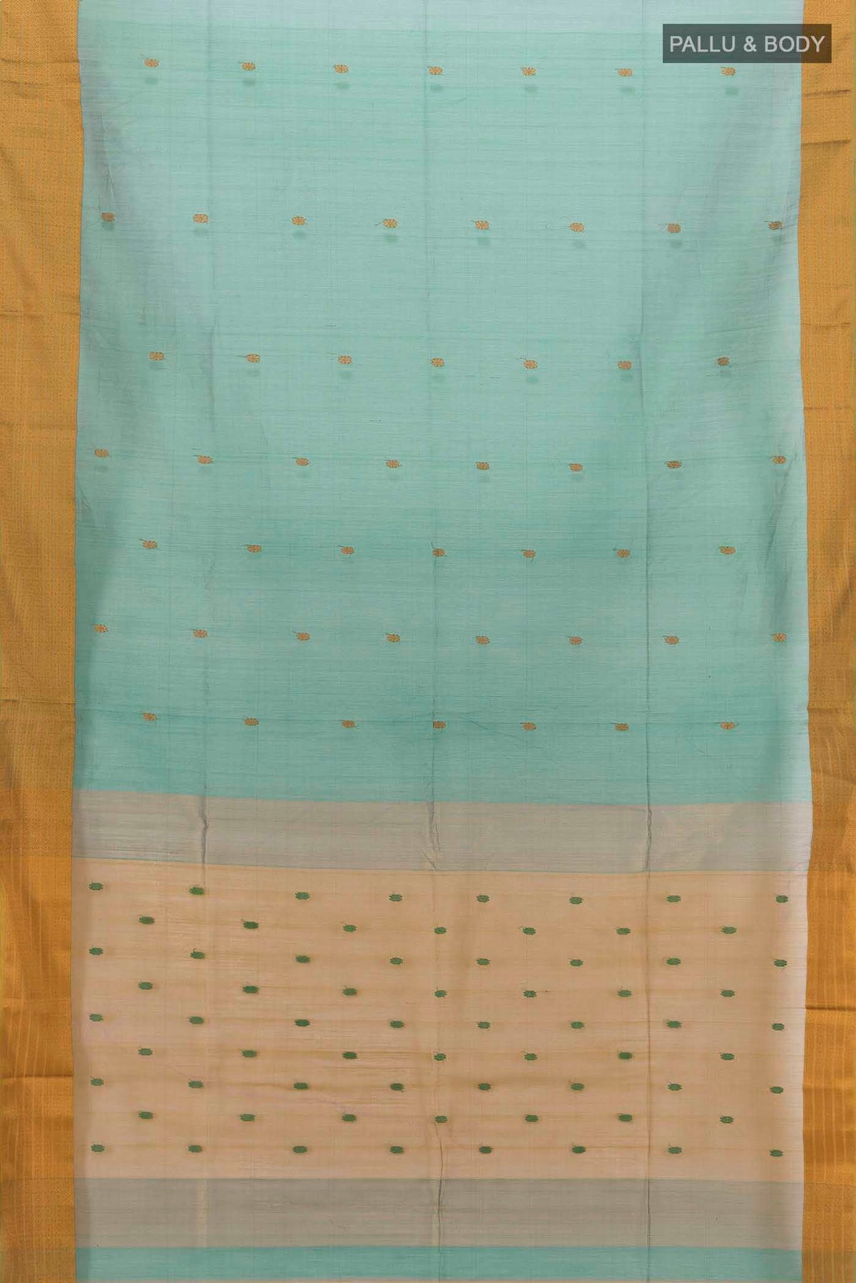 Flat view of Green Maheshwari Silk Cotton Saree with Thread Butta on the body and Thread Border