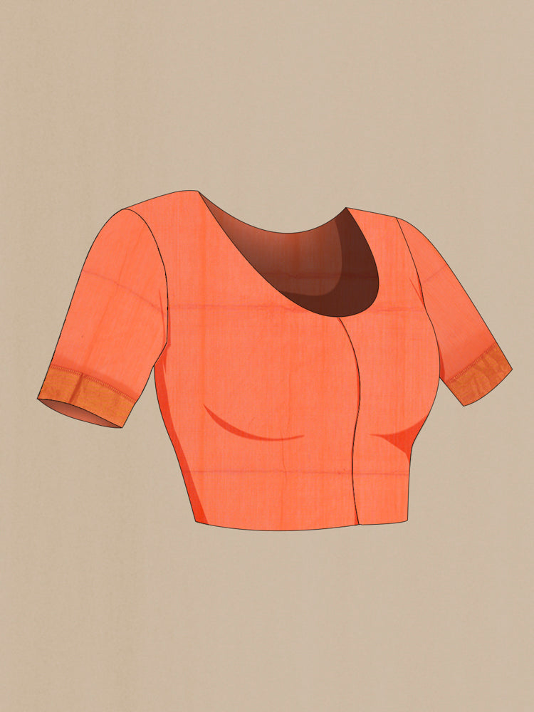 Close up image of the blouse of Orange Maheshwari Silk Cotton Saree with Zari Butta on the body and Silk Border. 