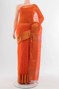 Orange Maheshwari Silk Cotton Saree with Zari Butta on the body and Silk Border.  displayed on a mannequin