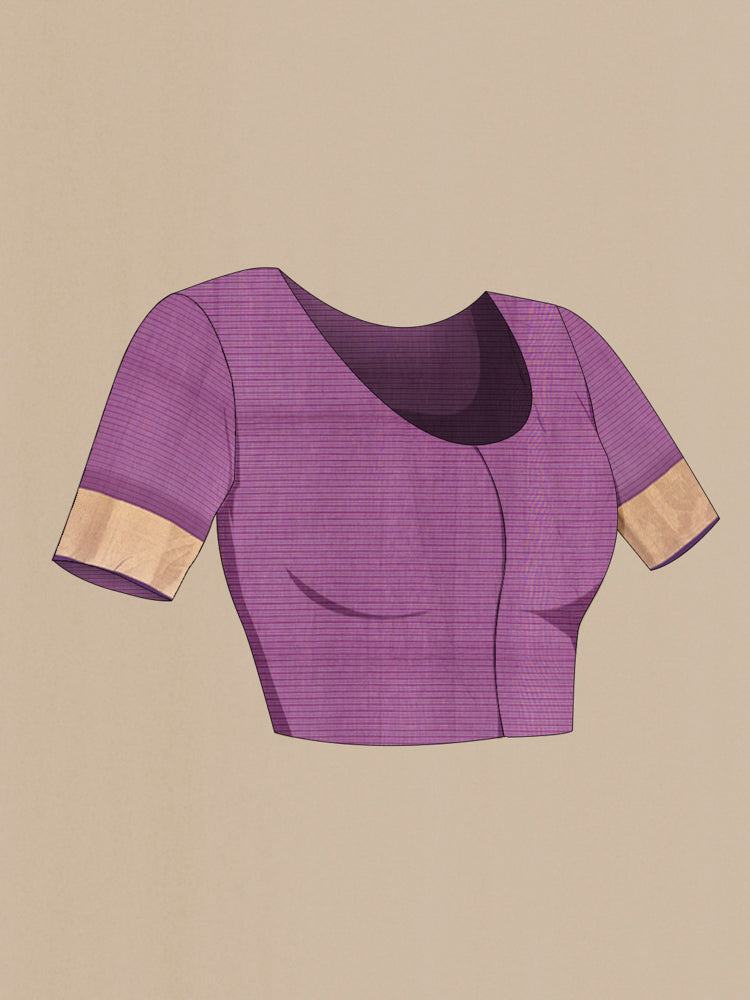 Close up image of the blouse of Purple Maheshwari Silk Cotton Saree with Zari Butta on the body and Silk Border. 