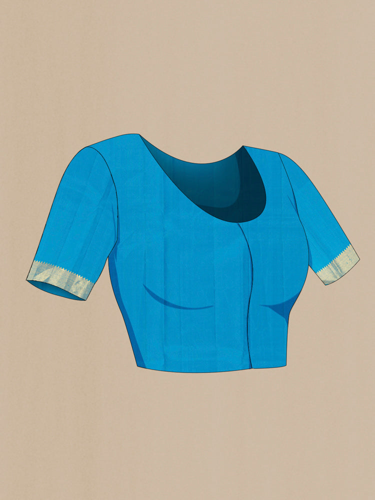 Close up image of the blouse of Pure Silk Pure Zari Light Blue Kanjivaram Saree with Zari Butta on the body and Silk Border. 