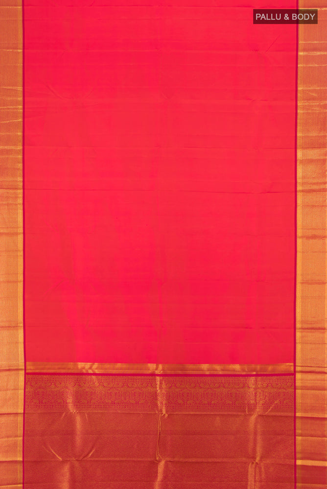 Flat view of Peach Kanchipuram Silk Saree with Zari Brocade on the body and Silk Border. 