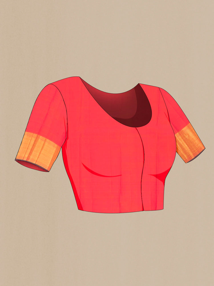 Close up image of the blouse of Peach Kanjivaram Silk Saree with Zari Butta on the body and Silk Border. 