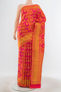 Multi Color Kanjivaram Silk Saree with Zari Brocade on the body and Zari Border.  displayed on a mannequin