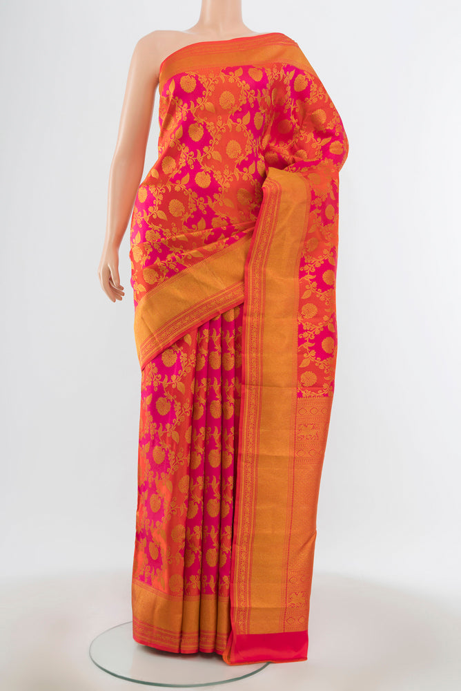 Multi Color Kanjivaram Silk Saree with Zari Brocade on the body and Zari Border.  displayed on a mannequin