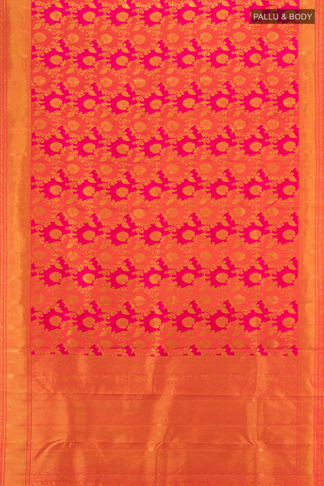 Flat view of Multi Color Kanjivaram Silk Saree with Zari Brocade on the body and Zari Border. 
