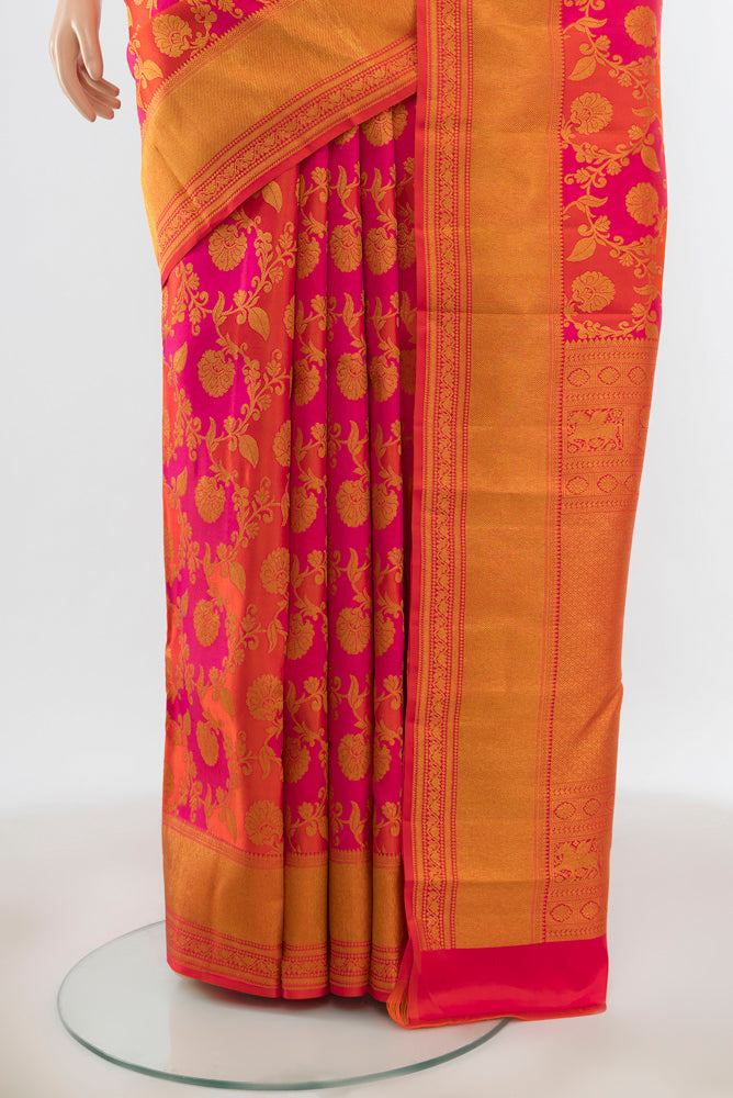 Pleats and pallu of Multi Color Kanjivaram Silk Saree with Zari Brocade on the body and Zari Border. 