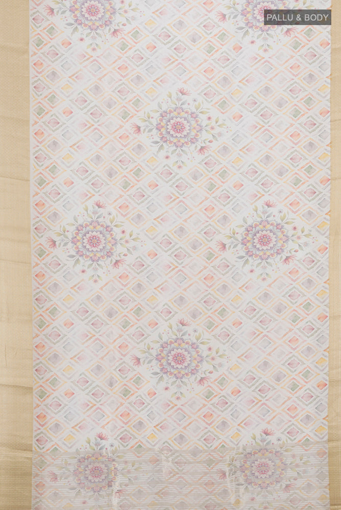 Flat view of Cream Tussar Silk Saree with Floral Print on the body and Silk Border. 