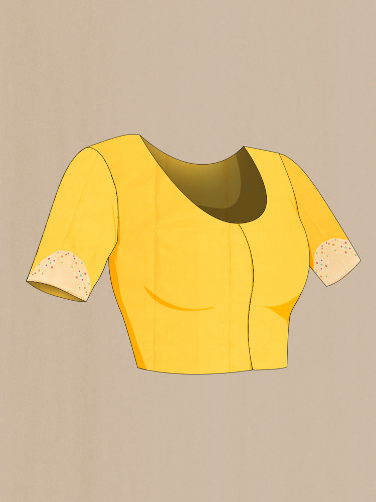 Close up image of the blouse of Pure Silk Pure Zari Lemon Yellow Banarasi Saree with Zari Butta on the body and Silk Border. 