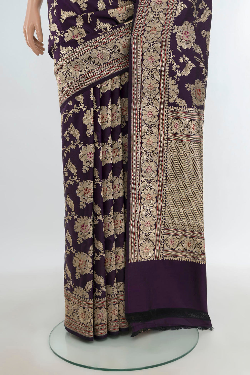 Pleats and pallu of Pure Silk Pure Zari Navy Blue Banarasi Saree with Zari Butta on the body and Zari Border. 
