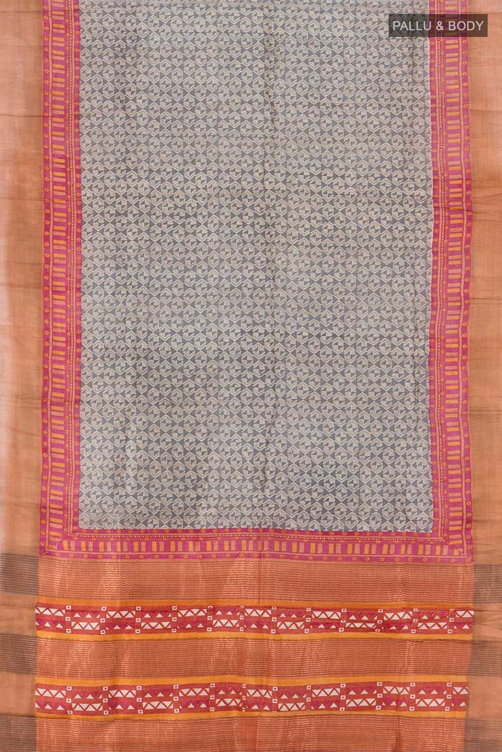 Flat view of Multi Color Tussar Silk Saree with Floral Print on the body and Silk Border. 