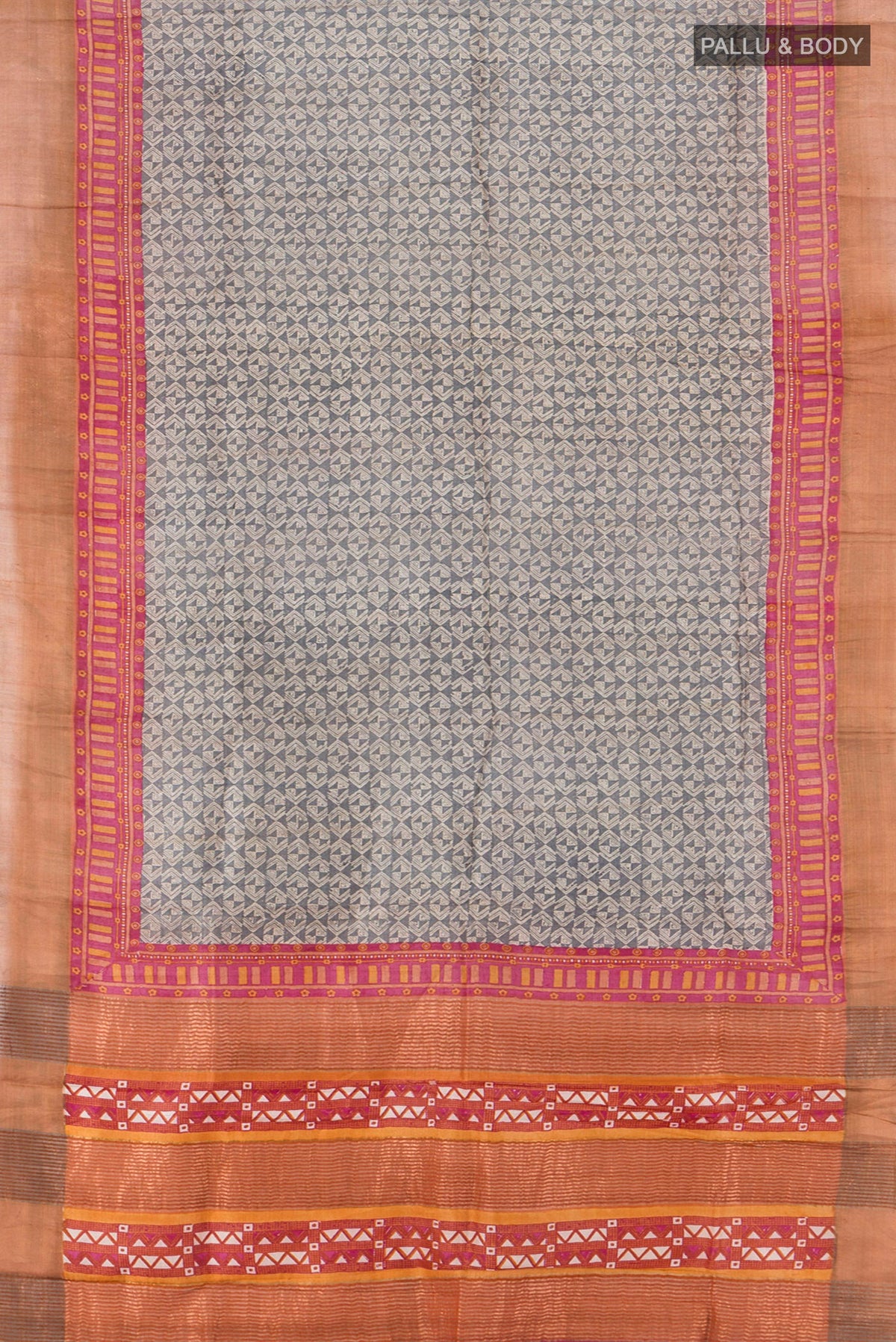 Flat view of Multi Color Tussar Silk Saree with Floral Print on the body and Silk Border. 